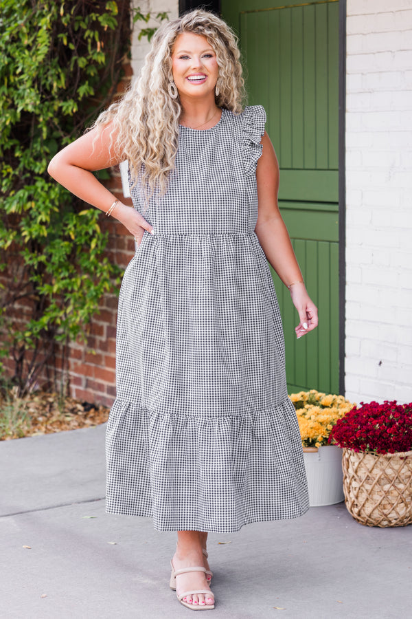 Chic Soul plus size clothing, flutter-short-sleeve black and white plaid midi dress with high-scoop-neckline and ruffled details