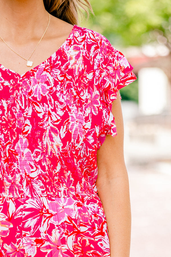 Chic Soul plus size clothing, hot pink and fuchsia floral print short-flutter sleeve shallow v-neck midi dress