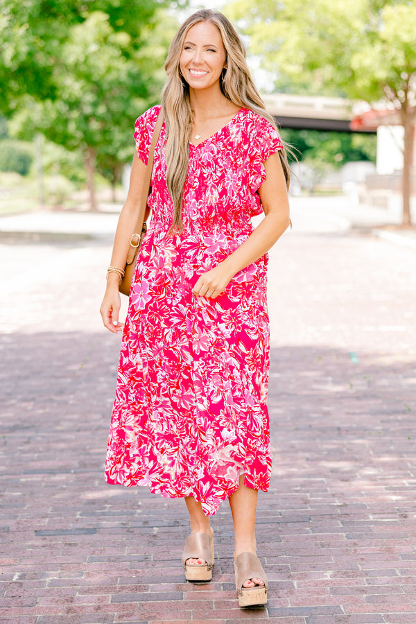 Chic Soul plus size clothing, hot pink and fuchsia floral print short-flutter sleeve shallow v-neck midi dress
