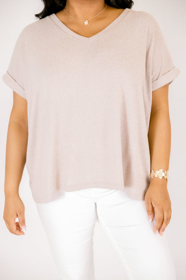 Plus Size ash mocha v-neck tee with cuffed short sleeves and a relaxed fit.