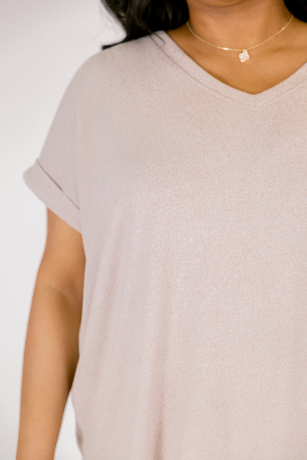 Plus Size ash mocha v-neck tee with cuffed short sleeves and a relaxed fit.
