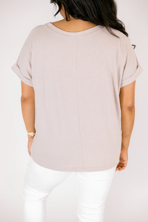 Plus Size ash mocha v-neck tee with cuffed short sleeves and a relaxed fit.
