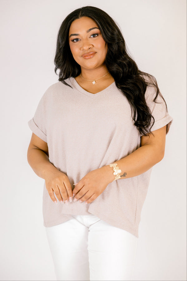 Plus Size ash mocha v-neck tee with cuffed short sleeves and a relaxed fit.