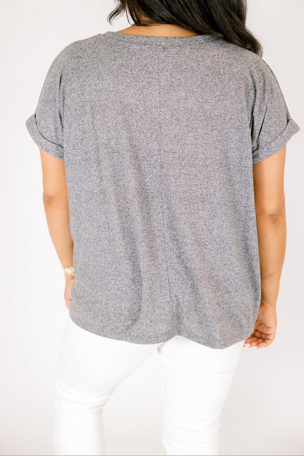 Plus Size heathered grey v-neck tee with short cuffed sleeves and a relaxed fit.