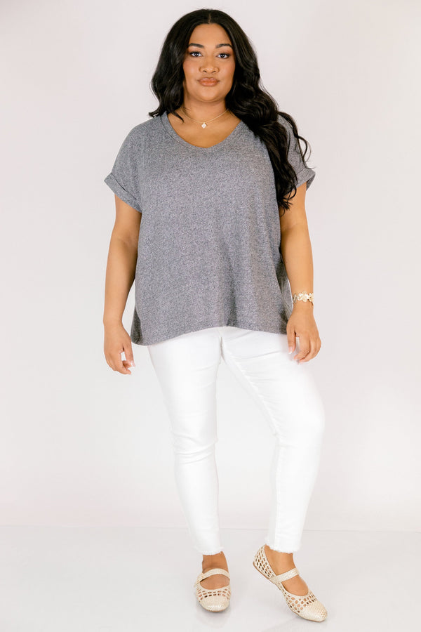 Plus Size heathered grey v-neck tee with short cuffed sleeves and a relaxed fit.