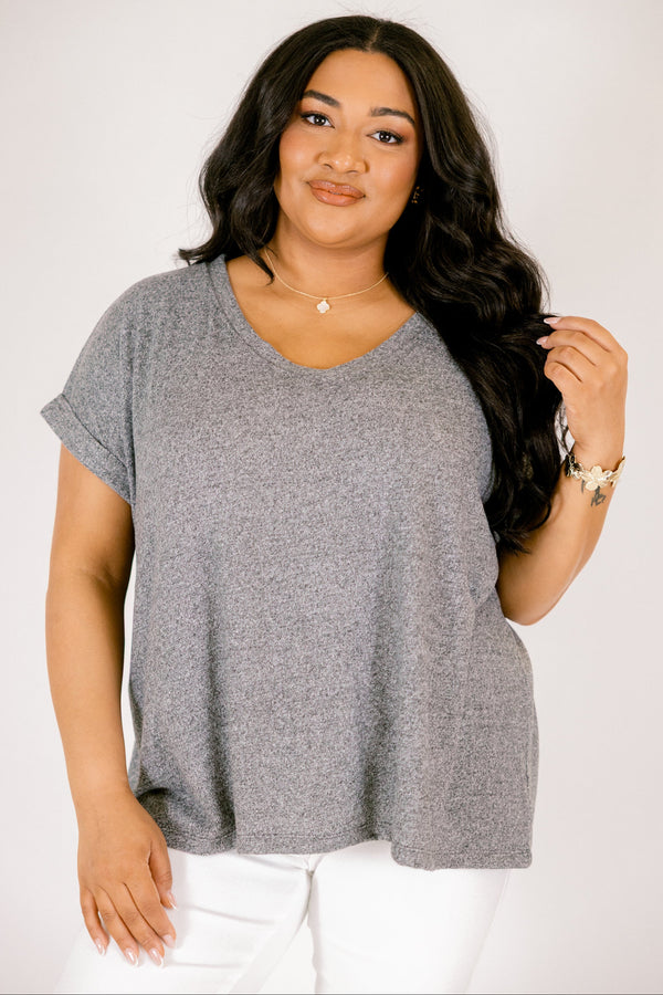 Plus Size heathered grey v-neck tee with short cuffed sleeves and a relaxed fit.