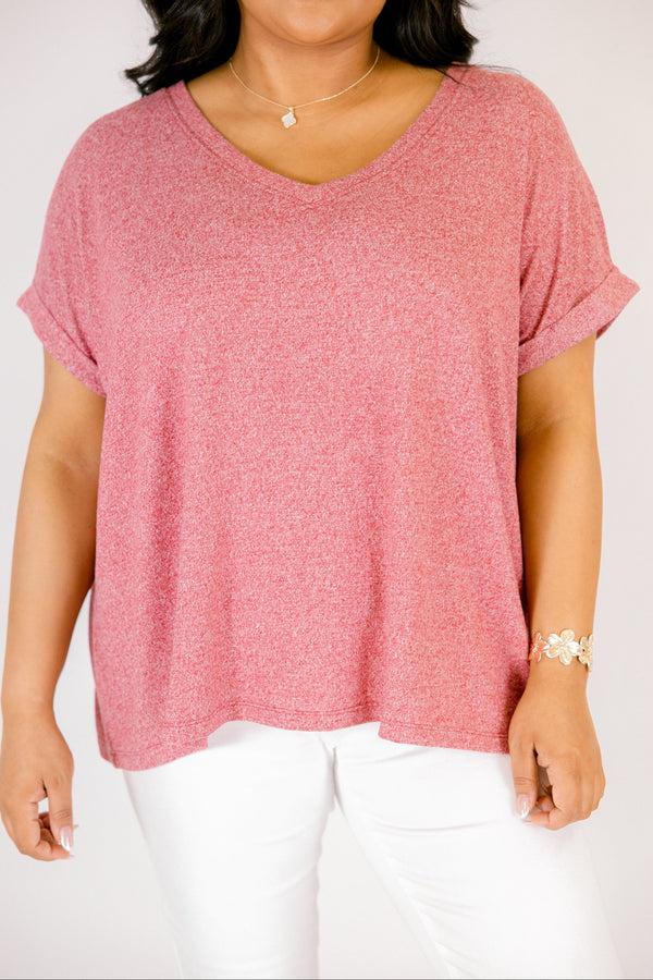 Plus Size dark red v-neck tee with cuffed short sleeves and a relaxed fit.