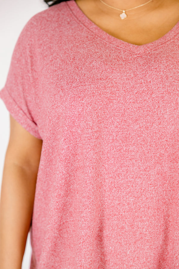 Plus Size dark red v-neck tee with cuffed short sleeves and a relaxed fit.