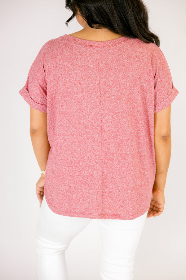 Plus Size dark red v-neck tee with cuffed short sleeves and a relaxed fit.