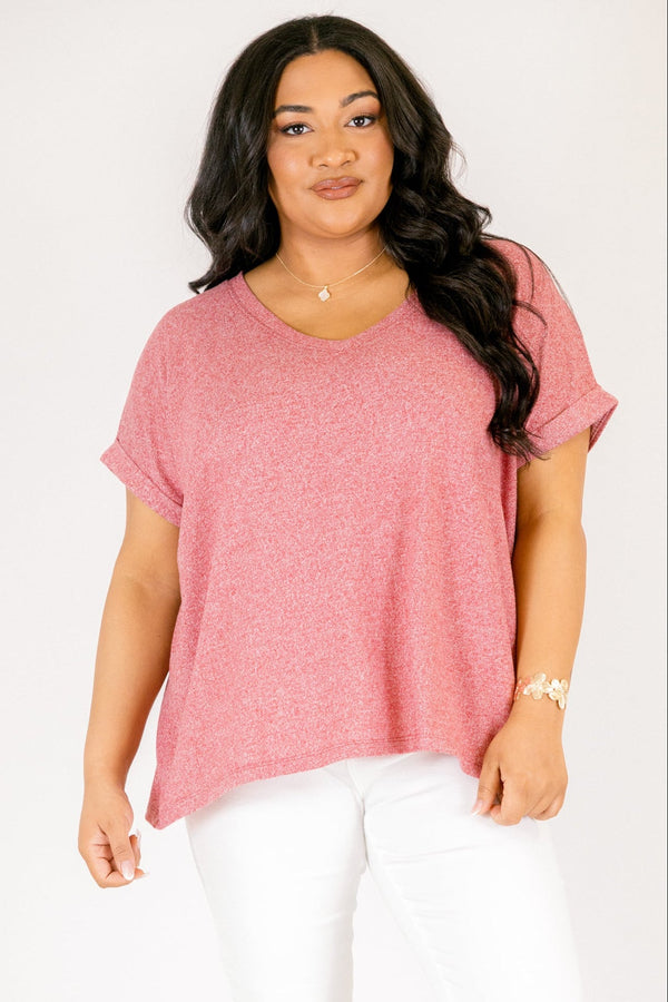 Plus Size dark red v-neck tee with cuffed short sleeves and a relaxed fit.