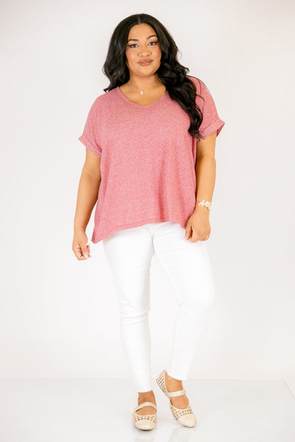 Plus Size dark red v-neck tee with cuffed short sleeves and a relaxed fit.