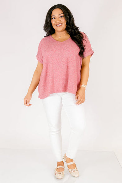 Plus Size dark red v-neck tee with cuffed short sleeves and a relaxed fit.