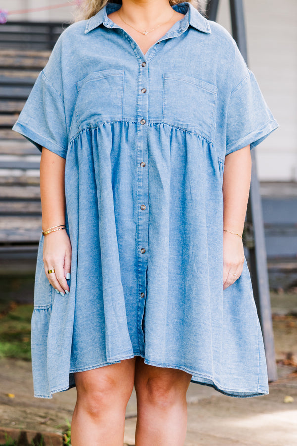 Chic Soul plus size clothing, medium wash short sleeve babydoll mini dress with button up detail and collar