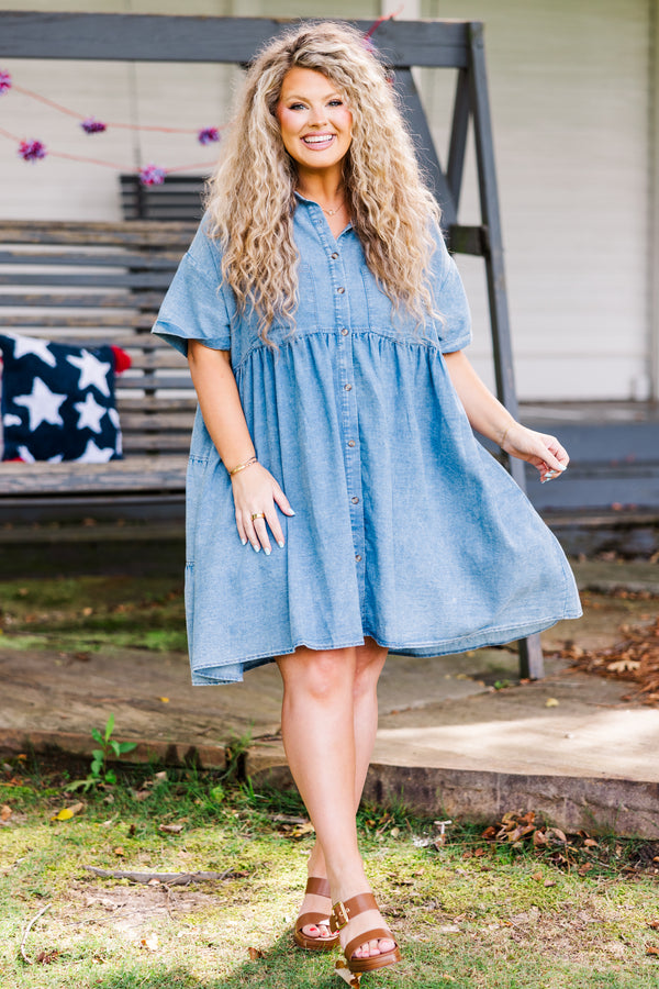 Chic Soul plus size clothing, medium wash short sleeve babydoll mini dress with button up detail and collar