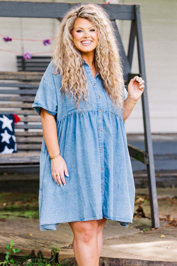 Chic Soul plus size clothing, medium wash short sleeve babydoll mini dress with button up detail and collar