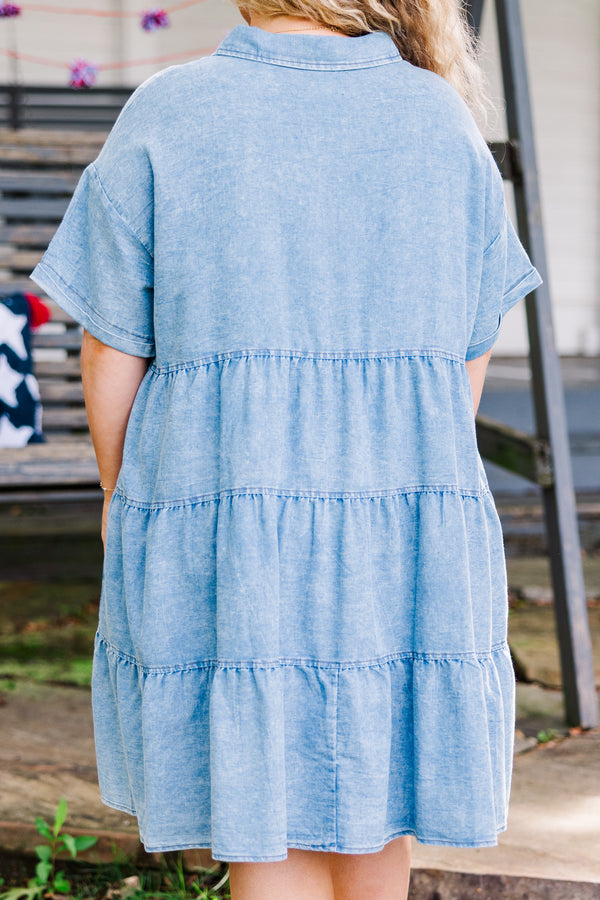 Chic Soul plus size clothing, medium wash short sleeve babydoll mini dress with button up detail and collar