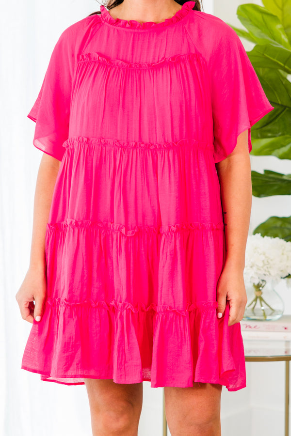Chic Soul plus size clothing, pink short sleeve mini dress with tiered ruffle detail with flutter sleeves