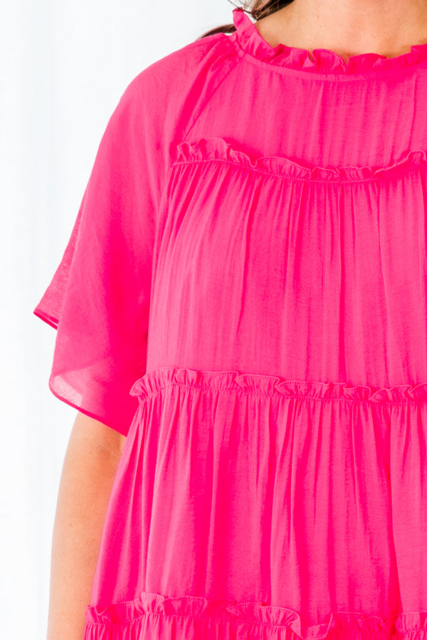 Chic Soul plus size clothing, pink short sleeve mini dress with tiered ruffle detail with flutter sleeves