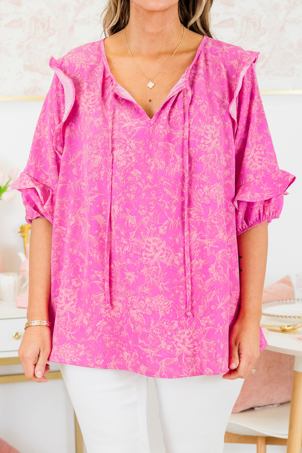 Chic Soul plus size clothing, short-flutter-sleeve magenta pink top with v-neckline and tassels with light orange floral design