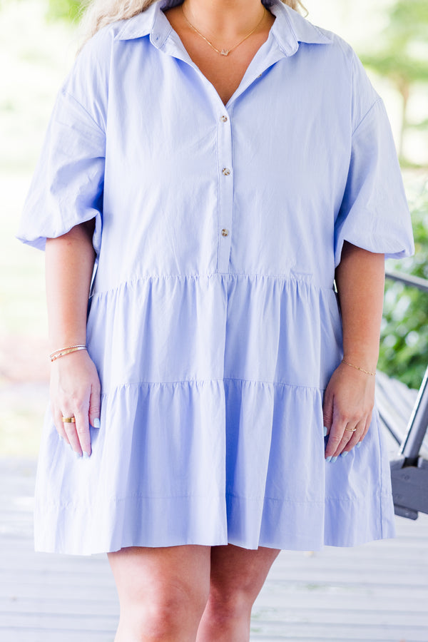 Chic Soul plus size clothing, blue short sleeve button up detail mini dress with puff sleeves and tiered detail with collar