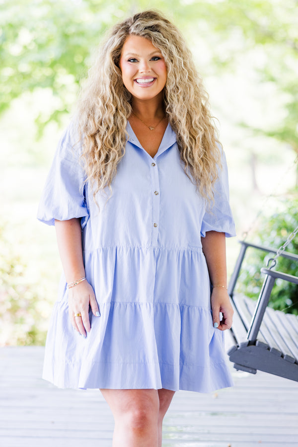 Chic Soul plus size clothing, blue short sleeve button up detail mini dress with puff sleeves and tiered detail with collar