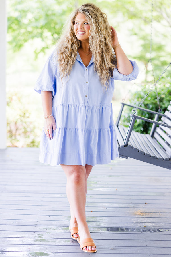 Chic Soul plus size clothing, blue short sleeve button up detail mini dress with puff sleeves and tiered detail with collar