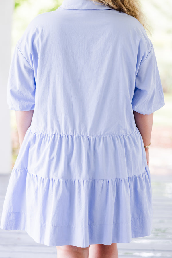 Chic Soul plus size clothing, blue short sleeve button up detail mini dress with puff sleeves and tiered detail with collar