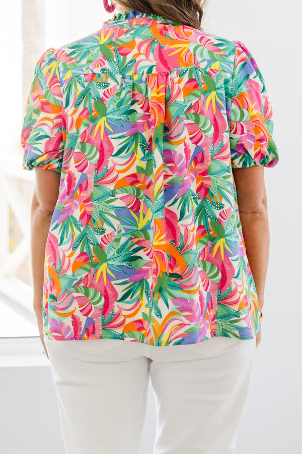 Chic Soul plus size clothing, short-puffed-sleeve green multi-colored top with a split-v-neckline with a green and pink tassel with a multi-colored watercolor floral pattern