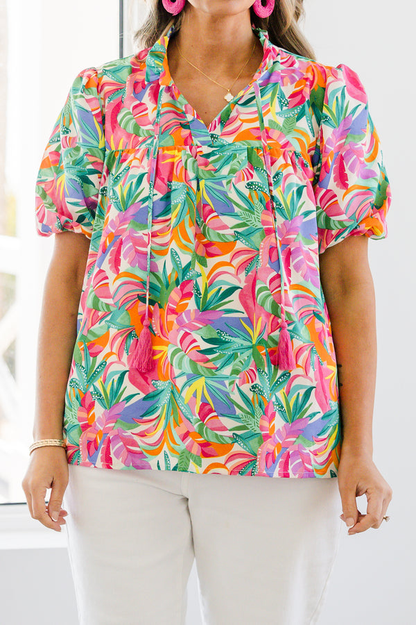 Chic Soul plus size clothing, short-puffed-sleeve green multi-colored top with a split-v-neckline with a green and pink tassel with a multi-colored watercolor floral pattern
