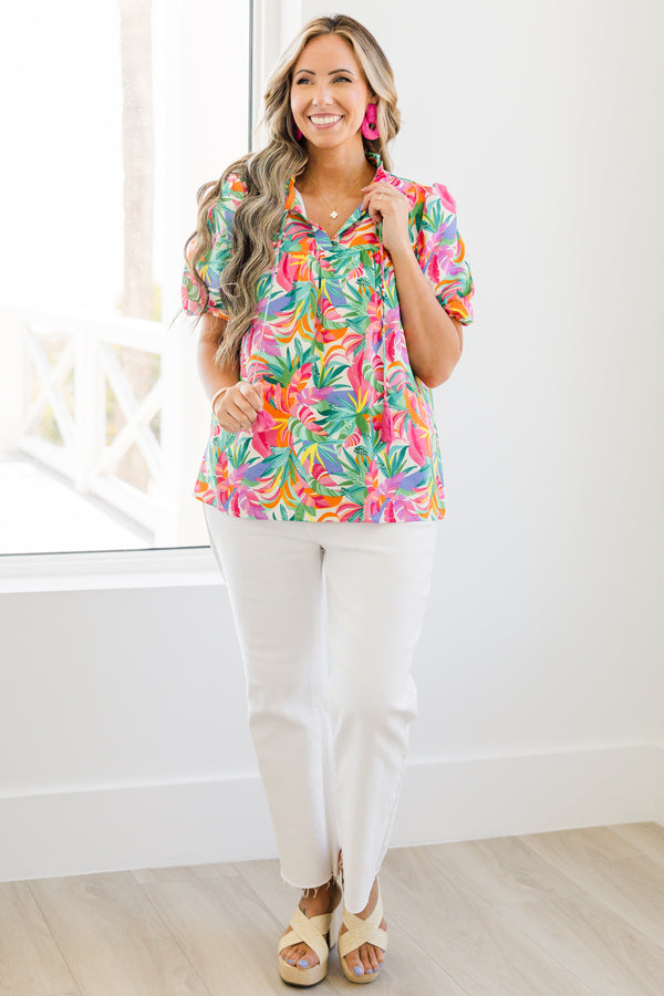 Chic Soul plus size clothing, short-puffed-sleeve green multi-colored top with a split-v-neckline with a green and pink tassel with a multi-colored watercolor floral pattern