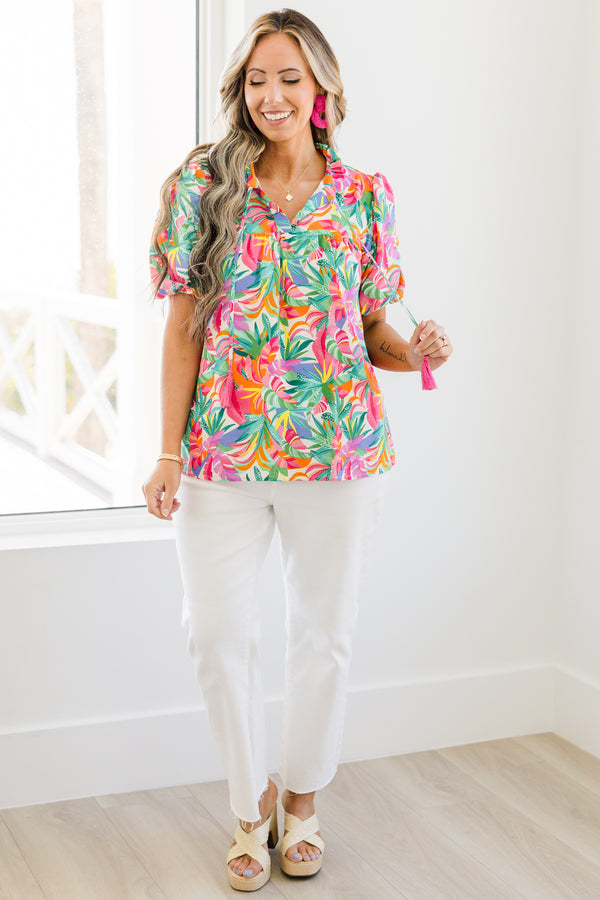 Chic Soul plus size clothing, short-puffed-sleeve green multi-colored top with a split-v-neckline with a green and pink tassel with a multi-colored watercolor floral pattern