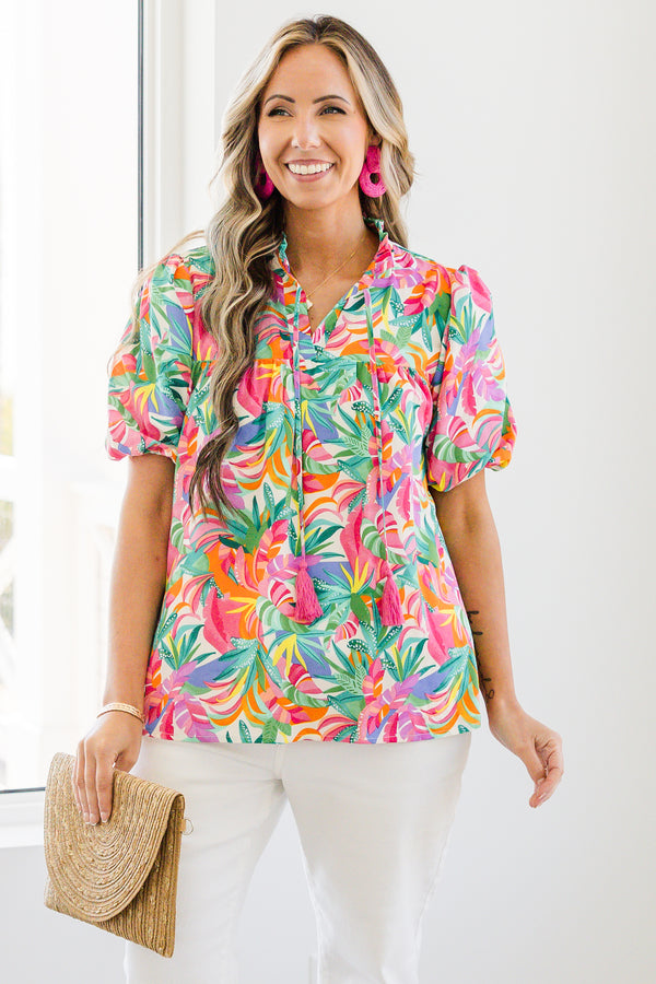 Chic Soul plus size clothing, short-puffed-sleeve green multi-colored top with a split-v-neckline with a green and pink tassel with a multi-colored watercolor floral pattern
