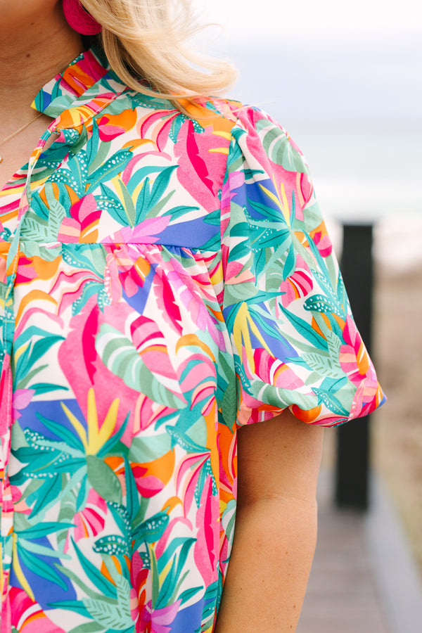 Chic Soul plus size clothing, short-puffed-sleeve green multi-colored top with a split-v-neckline with a green and pink tassel with a multi-colored watercolor floral pattern