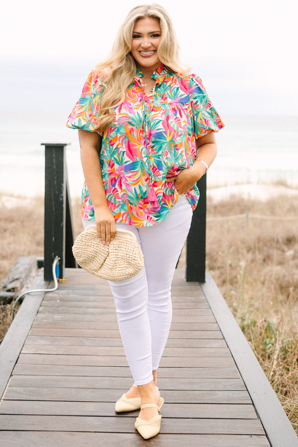Chic Soul plus size clothing, short-puffed-sleeve green multi-colored top with a split-v-neckline with a green and pink tassel with a multi-colored watercolor floral pattern