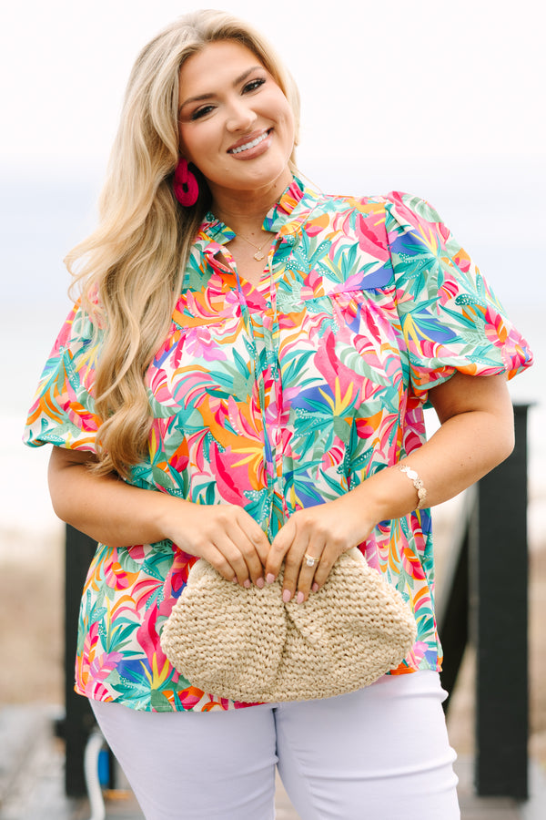 Chic Soul plus size clothing, short-puffed-sleeve green multi-colored top with a split-v-neckline with a green and pink tassel with a multi-colored watercolor floral pattern