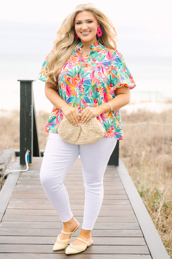 Chic Soul plus size clothing, short-puffed-sleeve green multi-colored top with a split-v-neckline with a green and pink tassel with a multi-colored watercolor floral pattern