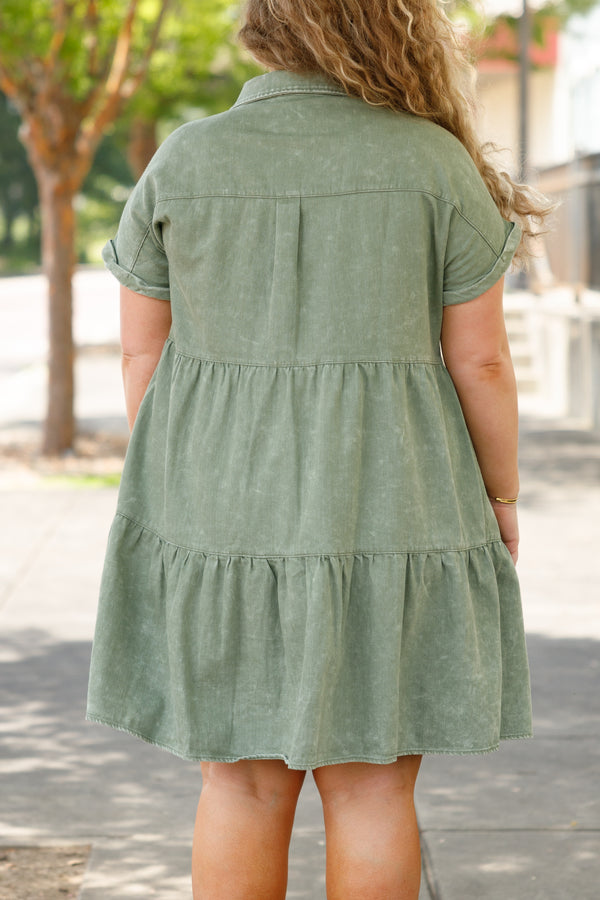 Chic Soul plus size clothing, olive green denim button down collared tiered dress with front pockets