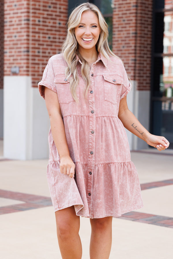 Chic Soul plus size clothing, terracotta denim button down collared tiered dress with front pockets