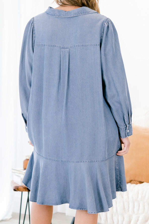 Chic Soul plus size clothing, denim blue long sleeve short dress with left breast pocket, 5 buttons at the top, and a collar