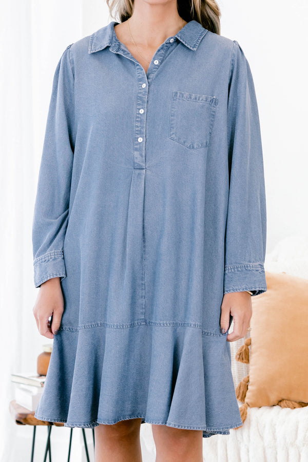 Chic Soul plus size clothing, denim blue long sleeve short dress with left breast pocket, 5 buttons at the top, and a collar