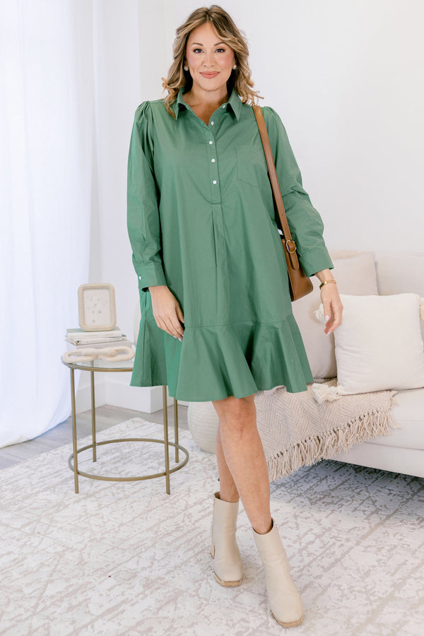 Chic Soul plus size clothing, fern green long sleeve short dress with collar and quarter button down front
