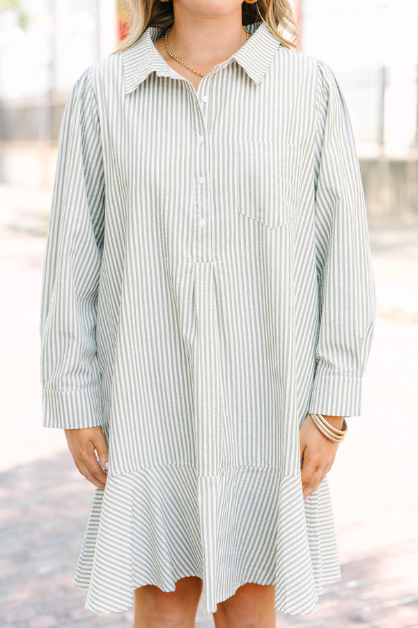 Plus Size green and white striped long sleeve shirt dress with a collared neckline and ruffle hem.