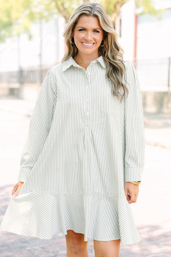 Plus Size green and white striped long sleeve shirt dress with a collared neckline and ruffle hem.