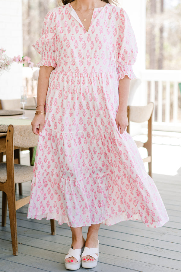 Chic Soul plus size clothing, short-puffed-sleeve ruffled white maxi dress with a split-v-neckline and a smocked waistline with a pink paisley pattern 