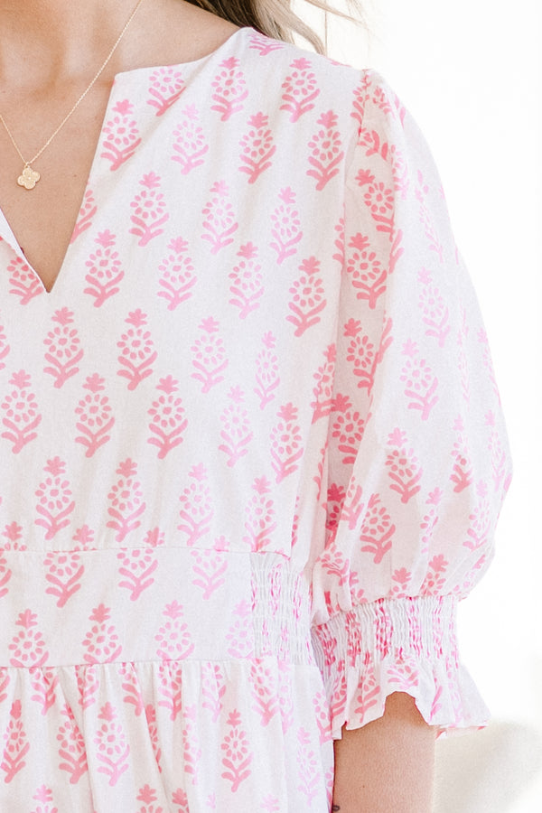 Chic Soul plus size clothing, short-puffed-sleeve ruffled white maxi dress with a split-v-neckline and a smocked waistline with a pink paisley pattern 