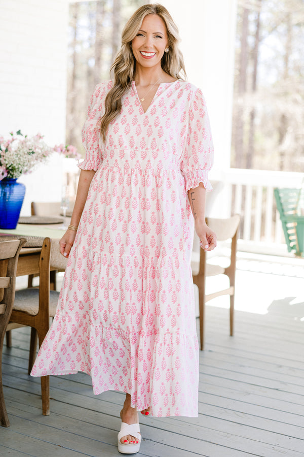 Chic Soul plus size clothing, short-puffed-sleeve ruffled white maxi dress with a split-v-neckline and a smocked waistline with a pink paisley pattern 