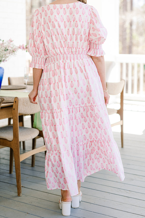 Chic Soul plus size clothing, short-puffed-sleeve ruffled white maxi dress with a split-v-neckline and a smocked waistline with a pink paisley pattern 
