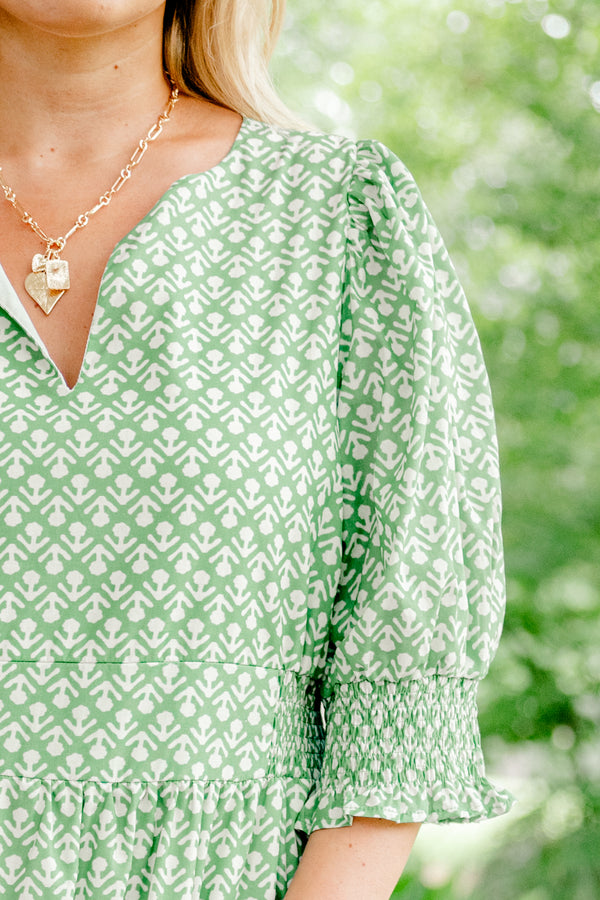 Chic Soul Plus size clothing, sage maxi dress with half bubble sleeves and a floral geometric pattern and slight v-neckline 
