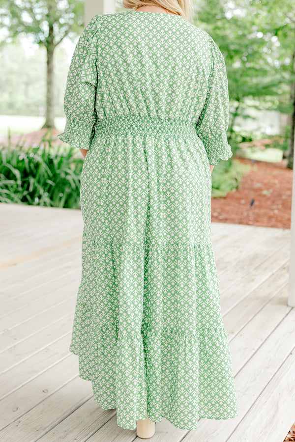 Chic Soul Plus size clothing, sage maxi dress with half bubble sleeves and a floral geometric pattern and slight v-neckline 
