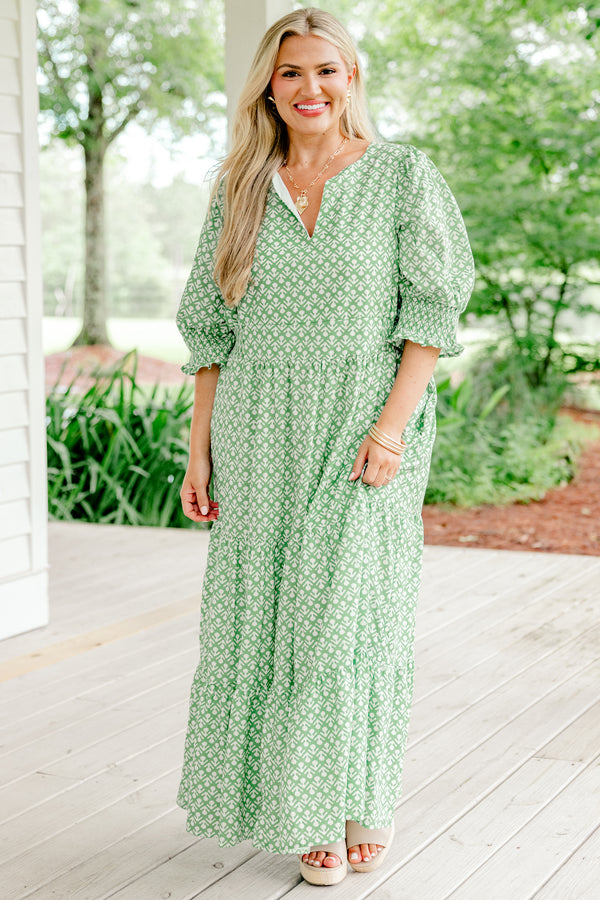 Chic Soul Plus size clothing, sage maxi dress with half bubble sleeves and a floral geometric pattern and slight v-neckline 
